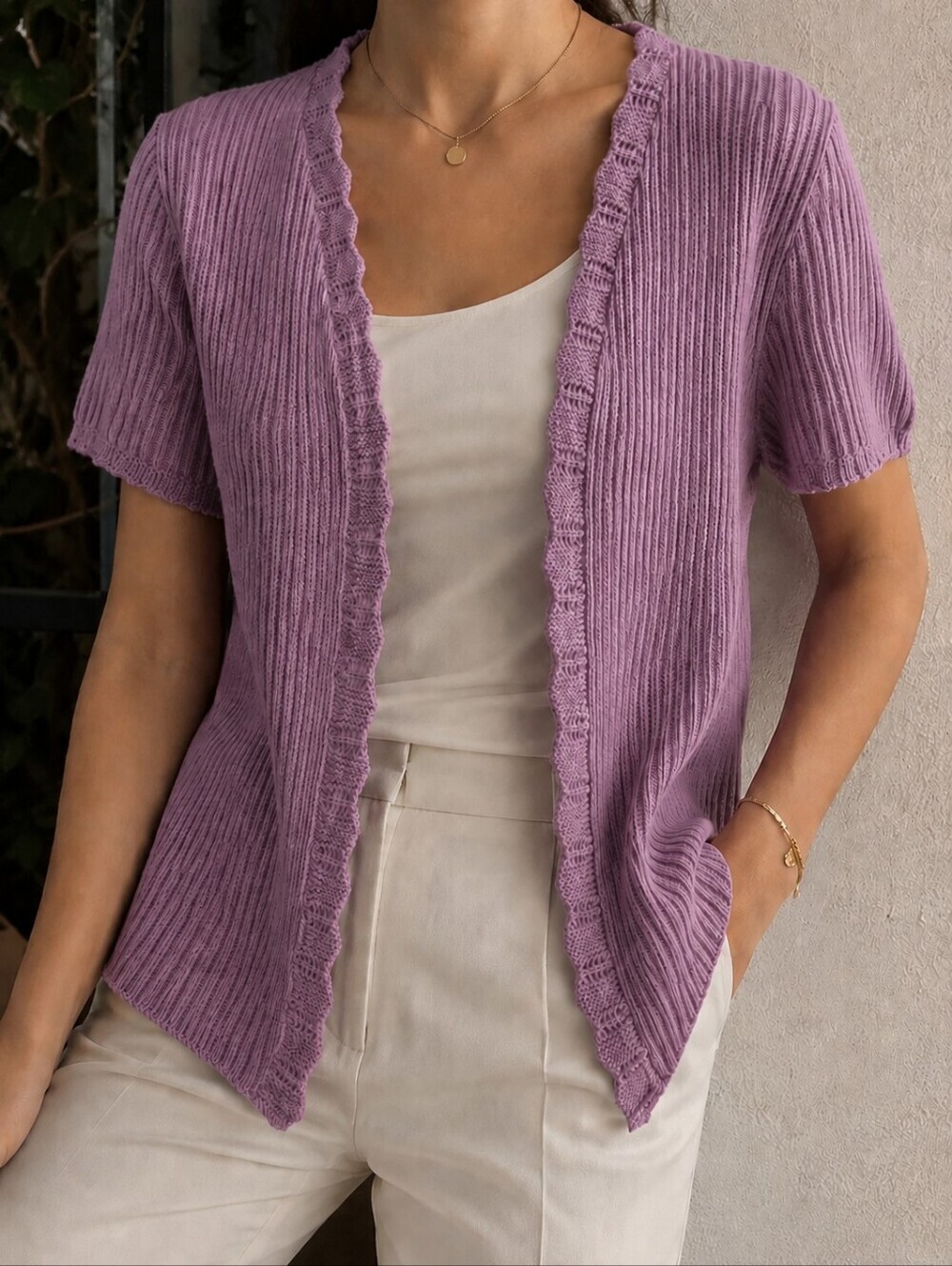 Gloria Vanderbilt Ribbed Scallop Trim Sweater Cardigan Purple S Knit Purple